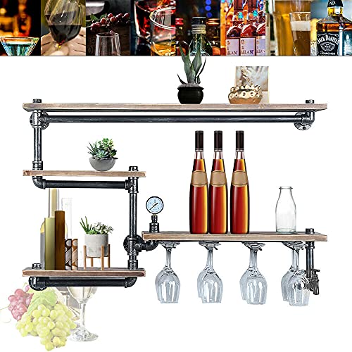 Gdrasuya10 Industrial Pipe Shelf Wall Mounted Wine Racks with 4 Stem Glass Holder Metal Floating Bar Shelves Modern Plants Photos Display Storage Shelves for Kitchen Dining Room Home Decor