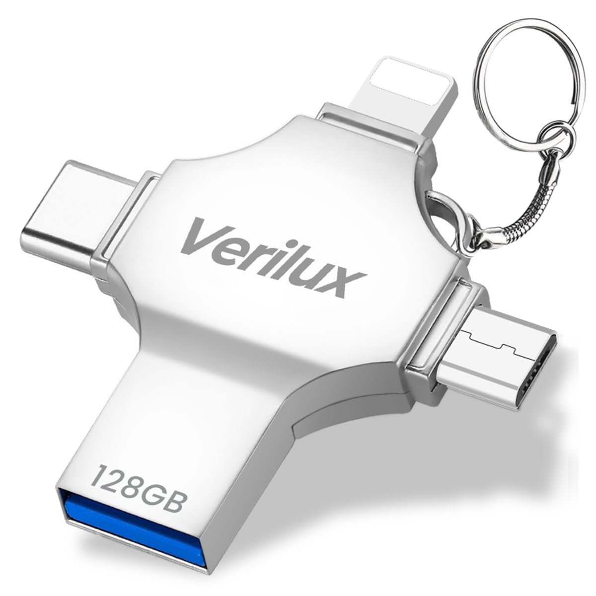 - Verilux® Pendrive 128GB 4 in 1 Flash Drive with Light-ning, Micro USB, USB A, Type-C Interface Mini Hangable PenDrive for iOS & Android Compatible with iPhone, iPad, Android, PC and More Devices