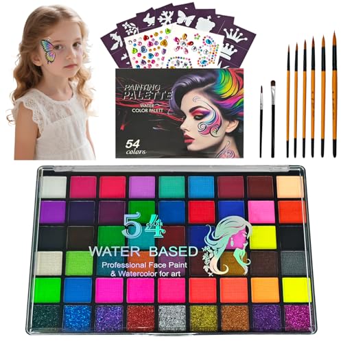 Face Painting Kit, 54 Colors Water Activated Face Paint Palette with Stencils, Brushes, Gems for Halloween Makeup, Parties, Carnival, School Event & Festivals