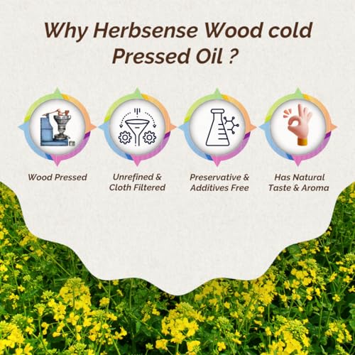 Image of Herbsense Wood Cold Pressed Mustard Oil,Sarso Ka tel- Unrefined & Unfiltered -Zero Added Preservatives & Chemicals,Kachi Ghani /Marachekku Oil,Pure Healthy Cooking Oil,Hair Oil, 1L Pack of 2