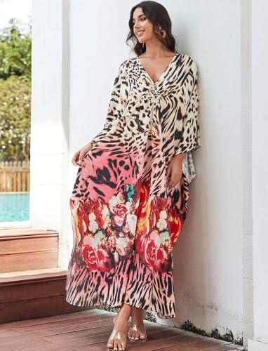 Image of KECVOT Kaftan Dresses for Women Plus Size Batwing Sleeve Caftans Long Bathing Suit Cover Up Maxi Beach Dress Loungewear