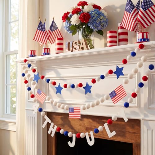 Image of Tatuo 3 Pcs 20.67 ft 4th of July Garland Patriotic 250th Anniversary Star Pompom American Flag Banner Red White Blue Pom Ball Hanging Garland for Independence Day Memorial Day Decor