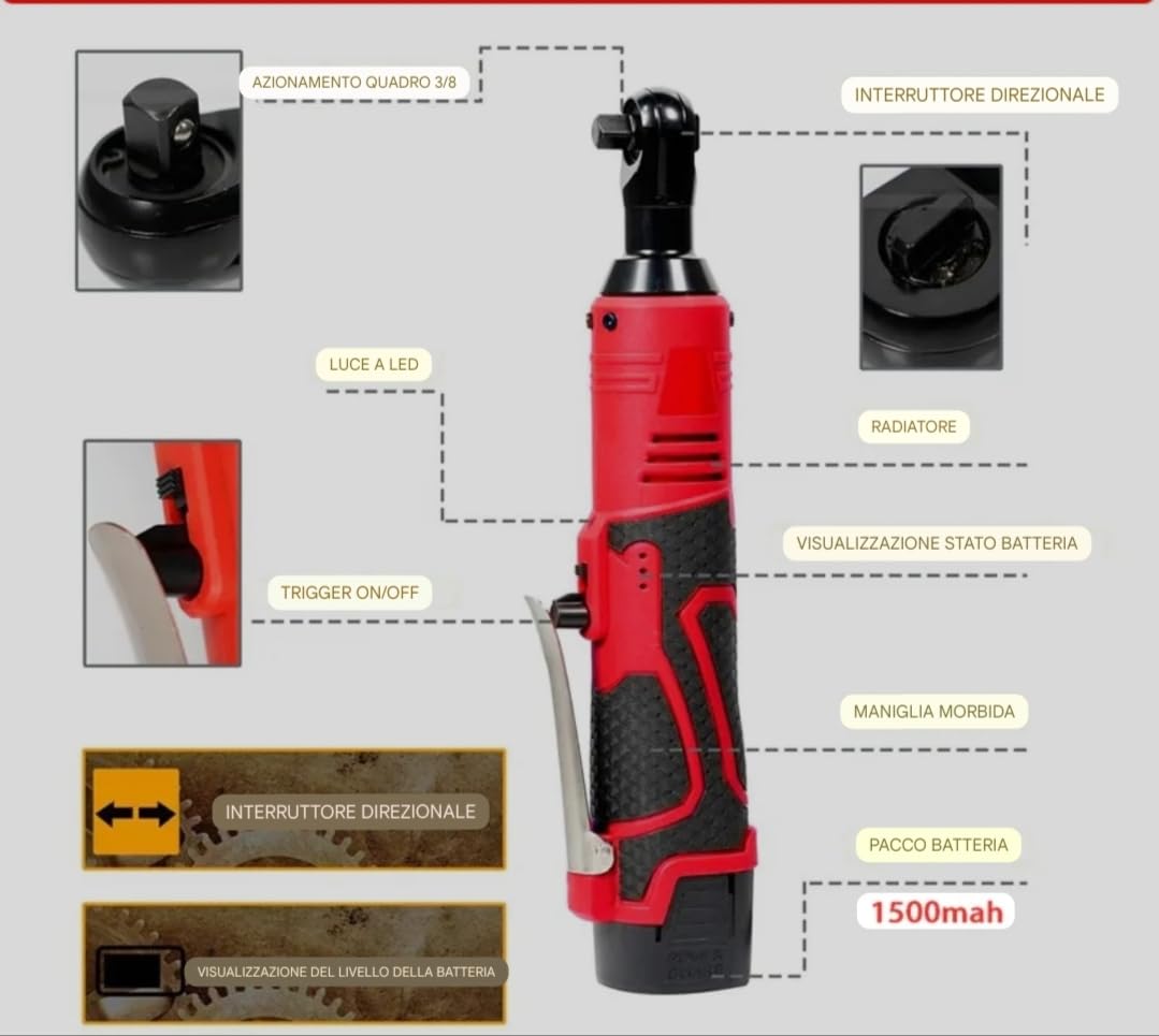 Chiave a cricchetto elettrica a batteria estesa 3/8" da 16,8 V, chiave a cricchetto elettrica da 55nm 400 giri/min