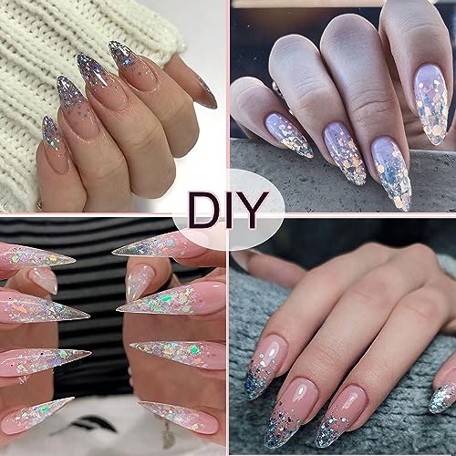 Holographic Nail Glitter Diamond Reflective Nail Powder Glitter Laser Silver Reflective Nail Art Glitter Shiny Pigment Bright Blue Purple Gold Diamond Sequin Design for Women Girls Nail Decorations