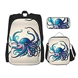 konsev set di 3 zaini con stampa, da viaggio, escursionismo, leggero, per laptop, borsa termica per il pranzo, per donne, grafica retrò con teschio, polpo blu e viola, taglia unica