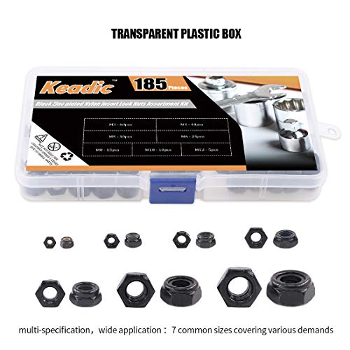 Keadic KZINCNUT-185 Pieces Metric Black Zinc Plated Nylon Insert Lock Nuts Assortment Kit thumb #5