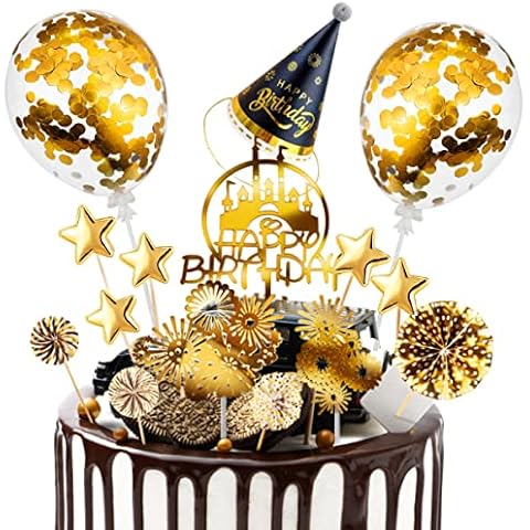 Gold Tortendeko Geburtstag 15 Pcs Cake Topper Happy Birthday Kuchen Dekoration Geburtstag Torten Topper Deko für Torten mit Geburtstagshut Sternen Konfetti-Luftballons und Papierfächer Cover