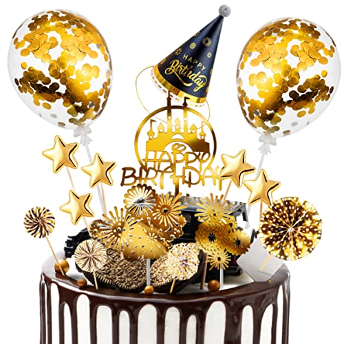 Decoration Gateau Anniversaire 15 Pcs Cake Topper Happy Birthday deco Joyeux Anniversaire Decoration Gateau Confettis Ballon Star Décor Fille Garçon Enfant Femmes Homme(doré)