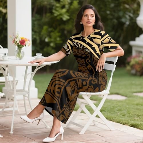 Image of Puletasi Samoan Traditional 2 Piece Outfits for Women Short Sleeve Crop Top and Maxi Skirt Sets Puletasi Dress
