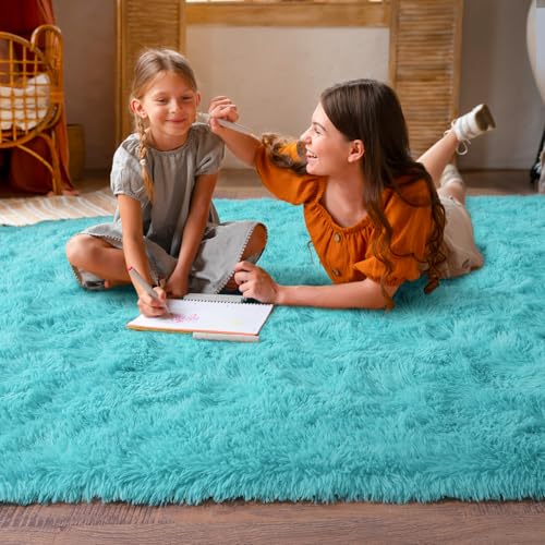 Dssimo Super Fluffy Area Rug for Bedroom, Modern Shag Teal Blue Area Rugs, Soft Plush Small Carpet for Kids,Girls Boys and Teens Decorations for Living Room Dorm Nursery Classroom, 4x6 Feet Teal Blue