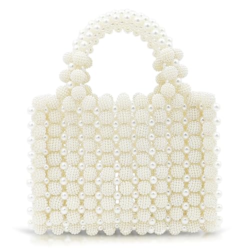 QTKJ Women Pearl Purse,Pearl Clutch, Evening Bags, Square Artificial Pearl Clutch, White Purse for Party Wedding Travel(White)