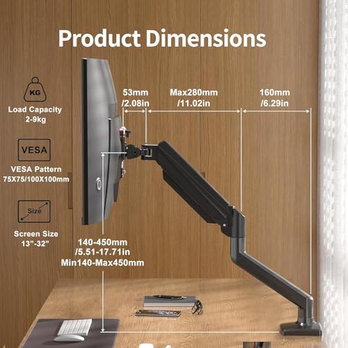 Image of ErgoYou - Premium Gas Spring Adjustable Monitor Arm Stand - VESA Mount - Weight Capacity 2-9 kgs - for Most 13-32 inch Screens - Clamp or Grommet Mount - 360 Degree Rotation - G3 Series