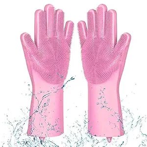 JOFIX Silicone Non-Slip Dishwashing and Pet Grooming Magic Latex Scrubbing Gloves for Household Cleaning Great for Protecting Hands