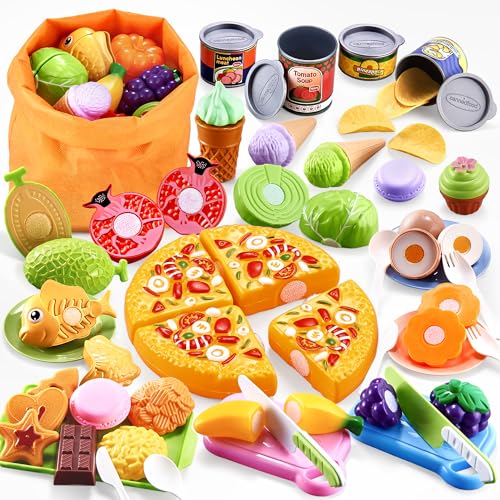 DawnReach Play Food Sets for Kids Kitchen,66PCS Play Kitchen Accessories,Cutting Toy Food Kids Kitchen Accessories with Pizza,Fruits & Storage Bag,Educational Toys Gift for Boys Girls 3 Year Old