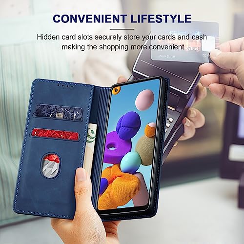 Image of Jasonyu Case for Samsung Galaxy A21S Leather Wallet Flip Cover with Card Holder,Kickstand, Magnetic Closure,TPU Shockproof Phone Case Compatible with Samsung A21S (Blue)