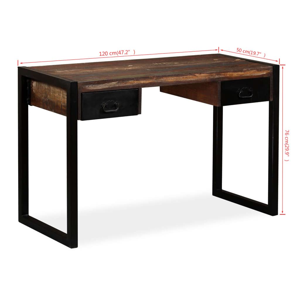Scrivania Legno Massello di Recupero con 2 Cassetti 120x50x76 cm, Tavolo Scrittoio per Ufficio e Casa, Consolle con Ripiano, Mobile per Studio, Postazione PC Gaming Salvaspazio