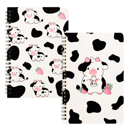 L1rabe 2P A5 Cow Spiral Notebooks Back to School Birthday Gifts Funny College Ruled Notepads Hardbound Spiral Exercise Book for Students Teachers Travel Journal Diary (Strawberry Cow)