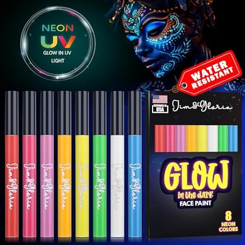 Jim&Gloria Water-Resistant Face Paint Pen Glow In the Dark Under UV Light 8 Neon Rainbow Colors Smudge Proof WaterProof Body Painting Kit for Kids Tattoo Skin Markers Eye Makeup for Halloween Cover
