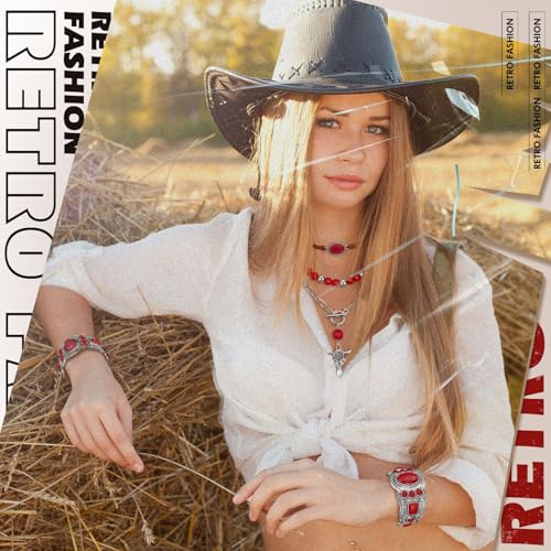 Image of Ecally Bohemian Western Jewelry Turquoise Set Women Country Pendant Long Choker Layered Bracelets Earrings Ring for Women