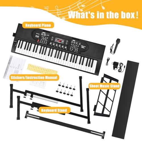 Image of 61 Key Portable Keyboard Piano with Stand, Electronic Keyboard Piano Kit, Microphone, Note Stickers, Music Rest, Digital Music Keyboard Built-In Speakers for Beginners