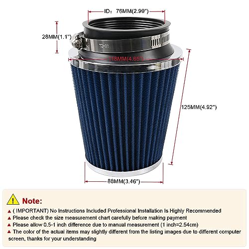 Clamp-On Cold Air Intake Filter, High Performance, Washable Filter, Replacement Air Filter, Flange Diameter 3inch/76mm Blue by muge racing - Used condition - Image 3