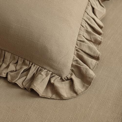Image of Foindtower Set of 2 Decorative Soild Fringe Ruffle Throw Pillow Covers Soft Boho Farmhouse Cushion Cover Cozy Accent Retro Pillowcase for Couch Sofa Bed Living Room Home Decor,20x20 Inch,Light Brown