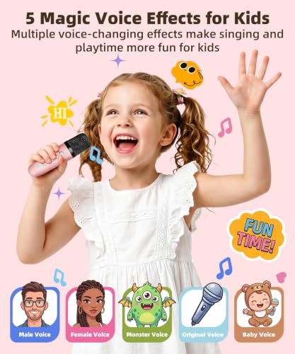 Mini Kids Karaoke Machine Ages 3-12, Wireless Mics Bluetooth Speaker, Pink - Image 2