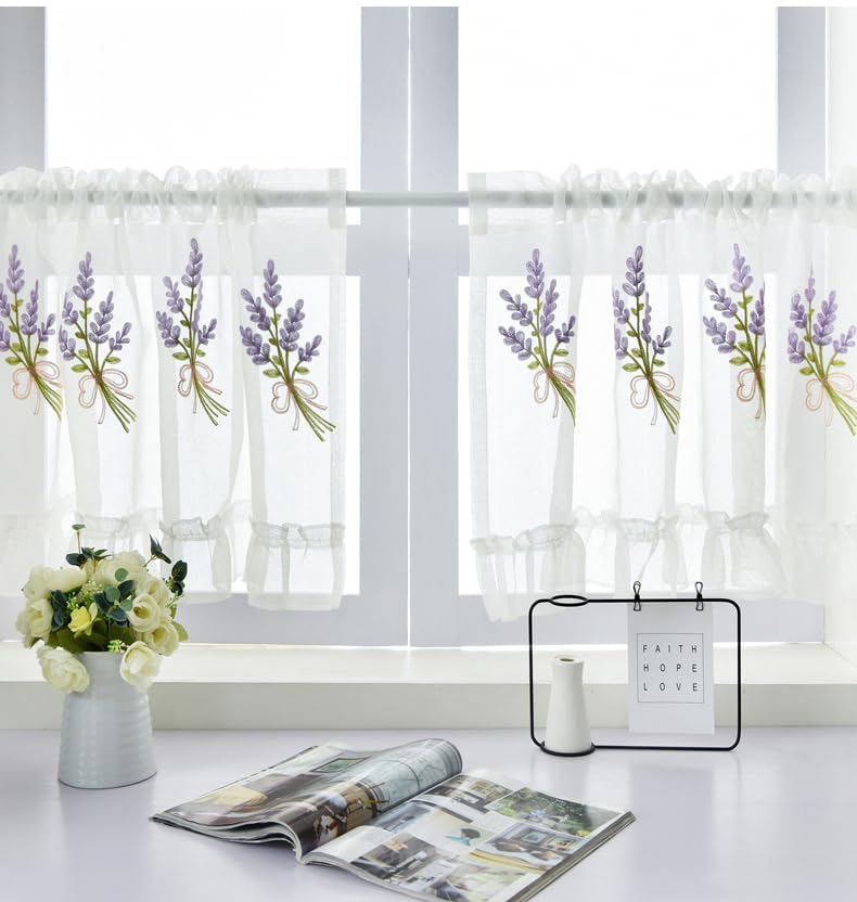 lM-SHOP Kitchen Window Curtains, Pastoral Flower Embroidery Kitchen Curtains, Half Curtain Short Panel Drapes, Net Curtain, Shade Kitchen Curtains, Purple, 100CM 50CM, Wear Rod (B,Curtain W120xH90cm)