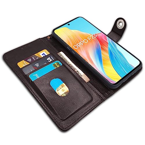 Image of Pikkme Oppo F23 5G Flip Cover Leather Finish | Inside TPU with Card Pockets | Wallet Stand and Shock Proof | Complete Protection Button Flip Case (Coffee)
