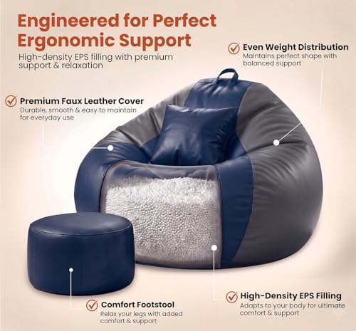 Image of Sattva Classic 3XL Bean Bag Chair with Beans Filled | Sofa Style Faux Leather Beanbags with Footstool & Cushion | Pre-Filled Bin Bags Sofa & Beam Bag for Adults | Home & Office, Navy Blue & Grey