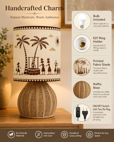 Image of Homesake Handwoven Rattan Table Lamp with Aipan Art Printed Fabric Shade, Boho Bedside Lamp, Decorative Raffia Cane Table Lamp, E27 Holder, Living Room, Bedroom, Study & Home Decor, Bulb Included