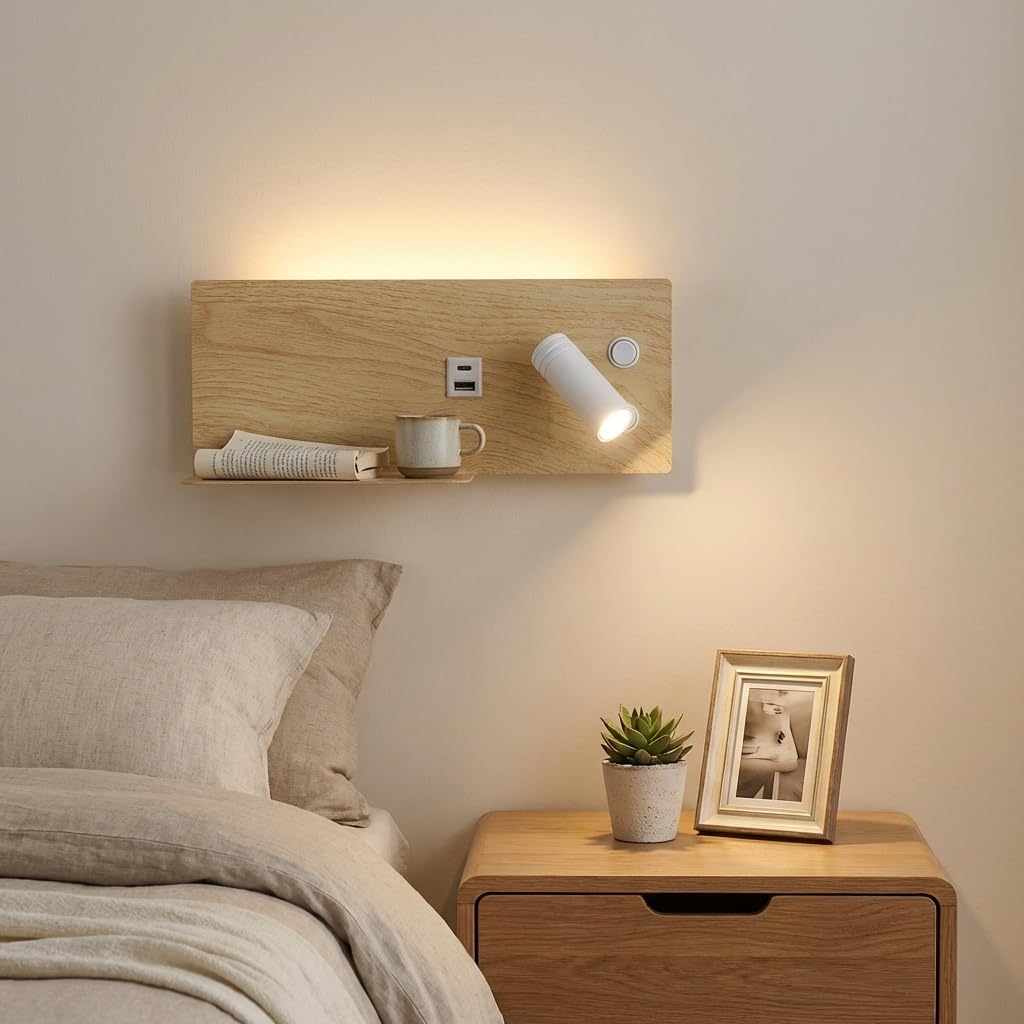 Alpinaluz Aplique de Pared con Foco Derecho, Luz LED de Lectura y Ambiente 2700K, USB-C y USB-A, Repisa para Móvil, Acero con Acabado Madera Clara, Doble Interruptor para Dormitorio Cabecero