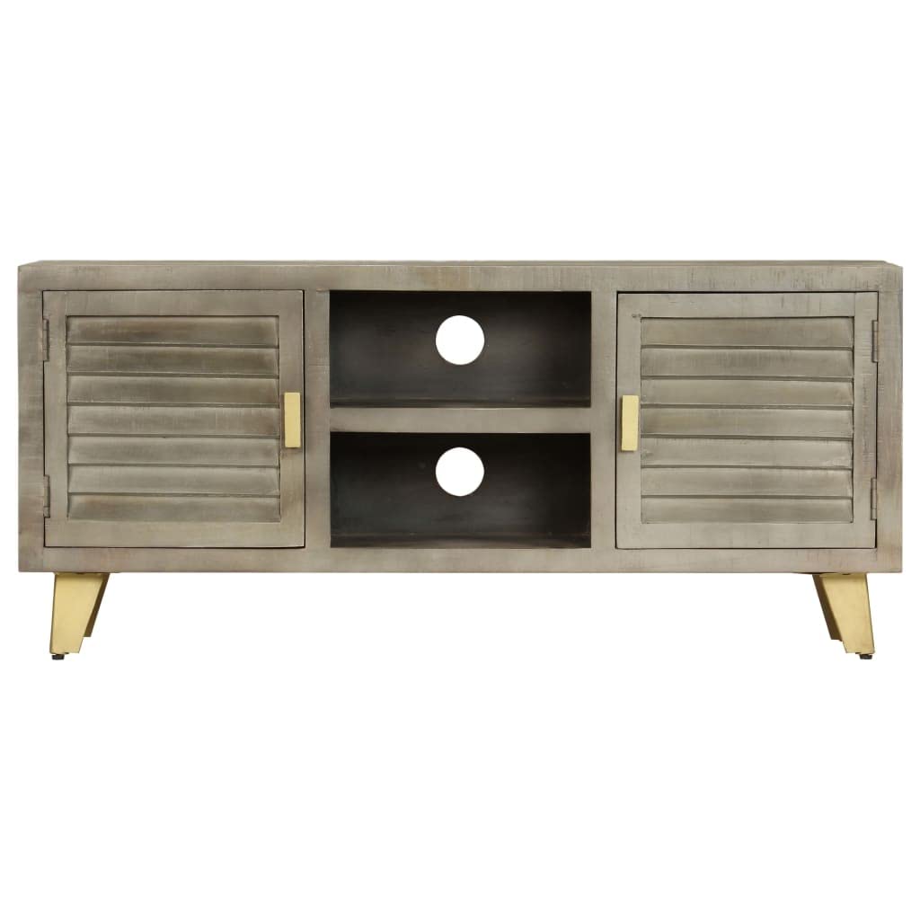 Hothingwell Mobile TV in legno massiccio di mango, 110 x 30 x 48 cm, colore: Grigio | 2 porte, 2 ripiani, gambe in acciaio ottone, archiviazione DVD e console