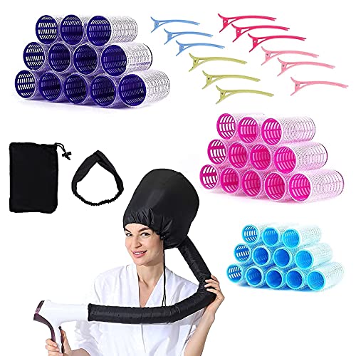 BINGBOLI (4IN1) 36 Pieces Hair Rolles, Hair Dryer Drying Cap, Thermal Insulating Hair Band, 12 Pieces Of Color Hair Clips, Used For Curly Hair Styling, Deep Conditioning and Drying