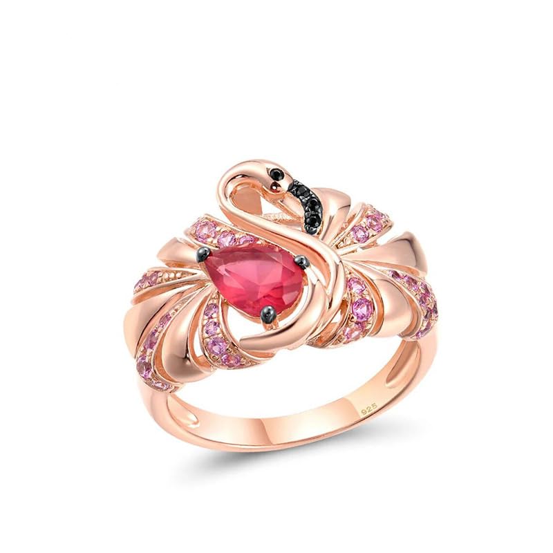 14K Rose Gold Plated Flamingo Statement Rings for Women's, Pink Gem Cubic Zirconia Engagement Wedding Bands Animal Ring Jewelry Gifts for Women Size 8#