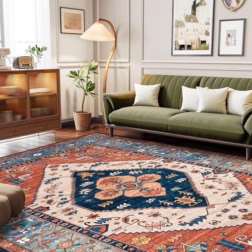 Lahome Area Rugs 9x12 Living Room - Boho Non-Slip Washable Rug Ultra-Thin Stain Resistant Large Carpet Throw Non Shedding Dining Room Mat, Oriental Print Carpet for Bedroom Guest Room (Rust, 9'x12')