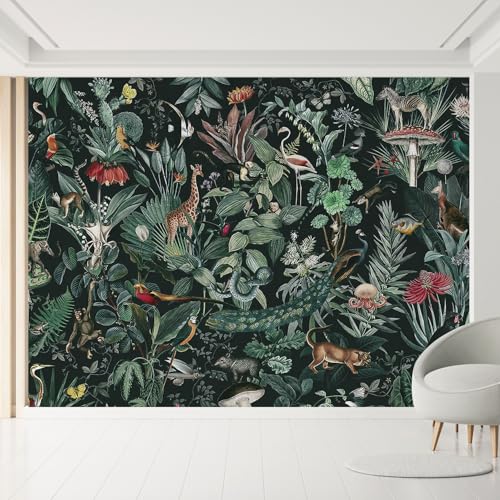 MUDECOR Wall Mural Tropical Paradise Vibrant Wildlife and Jungle Flora with Animals and Birds Not Peel and Stick, Non-Woven Wallpaper Wall Decoration for Bedroom Living Room - 120'x192'