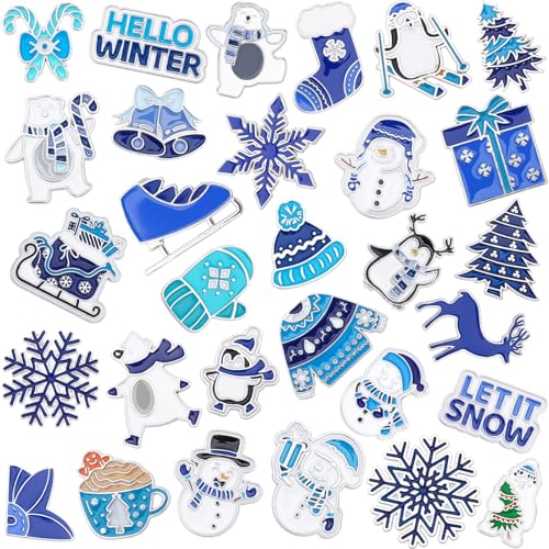 Image of SANNIX 60Pcs Winter Pins, Christmas Winter Enamel Lapel Pins Snowflake Snowman Polar Bear Penguin Brooch Pins Blue White Christmas Holiday Pin Badge for Clothes Bags Hats Accessories Gifts, 30 Styles