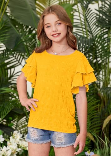 Image of Girls Summer Crewneck Tee Shirts Double Ruffle Short Sleeve Stretch Textured Fabric Casual Blouse 5-14 Years