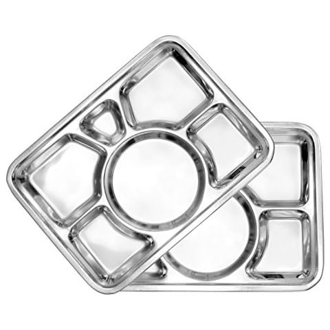Darware Cafeteria Mess Trays (2-Pack); Stainless Steel 15 In. x 11 In. Rectangular 6-Compartment Divided Plates / Cafeteria Food Trays Cover