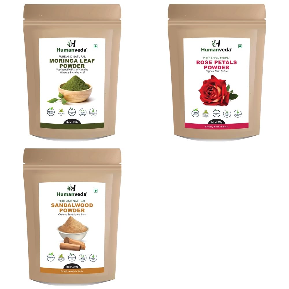 Pure Moringa Powder, Rose Petal Powder and Sandalwood Powder Combo Pack for Comprehensive Hair Care and Radiant Glowing Skin Rejuvenation 100% Natural Organic Herbal Fine Powder Face Mask and Scalp-image-3