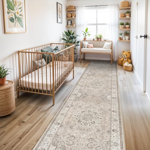 Washable 3x12 Hallway Runner Rug: Vintage Non Slip Soft Rug for Entryway Kitchen Living Room Low-Pile Water Resistant Carpet for Bathroom Nursery Thin Floor Mat for Bedroom Dining Room(Beige,3x12)