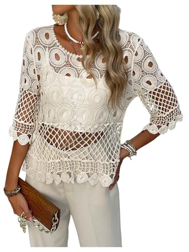 MakeMeChic Women's Crochet Tops Floral Sheer Hollow Out Summer Swimsuit Beach Cover Up Top
