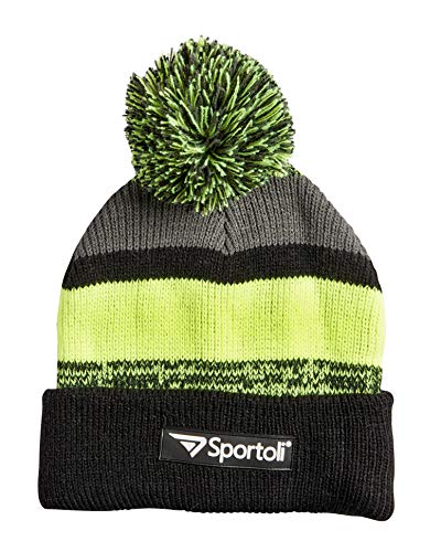 Sportoli Men’s Boys’ Kids 3-Piece Striped Knit Cold Weather Set Hat Scarf Gloves - Black/Lime/Grey (Size Adult)3