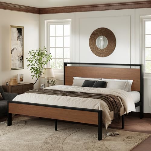 Image of Allewie King Size Bed Frame, Heavy Duty 12 Metal Slats Support, Walnut | Wooden Headboard and Footboard, Modern Platform Bed, No Box Spring Needed, Under-Bed Storage, Noise Free, Easy Assembly