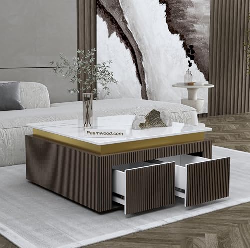 Image of Luxury Marble-Top Wooden Center Table for Living Room | Louvers | Modern Entryway Furniture | Coffee Table (36 inchX36 inchX17 inch)