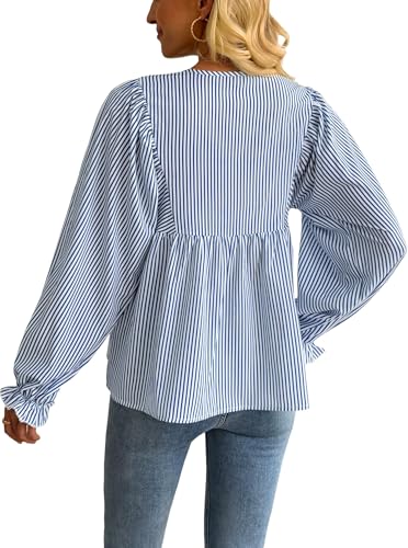 Avanova Women Striped Shirt Peplum Babydoll Top Ruffle Long Sleeve Blouse4