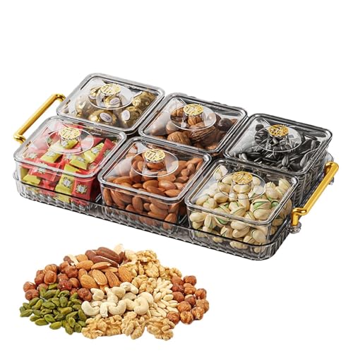 Generic Modern Divided Snack Tray | Portable Clear Elegant Removable Fashion Sectioned Serving Tray With Lid & Handle For Snacks Appetizers Nuts Candy