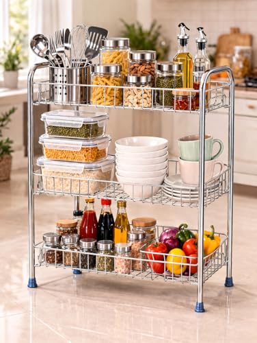 Image of 3-Tier Stainless Steel Kitchen Storage Rack, Multi-Purpose Organizer Shelf, Spice Jars Stand, Counter Organizer for Pantry Storage, 52x40x20, Silver