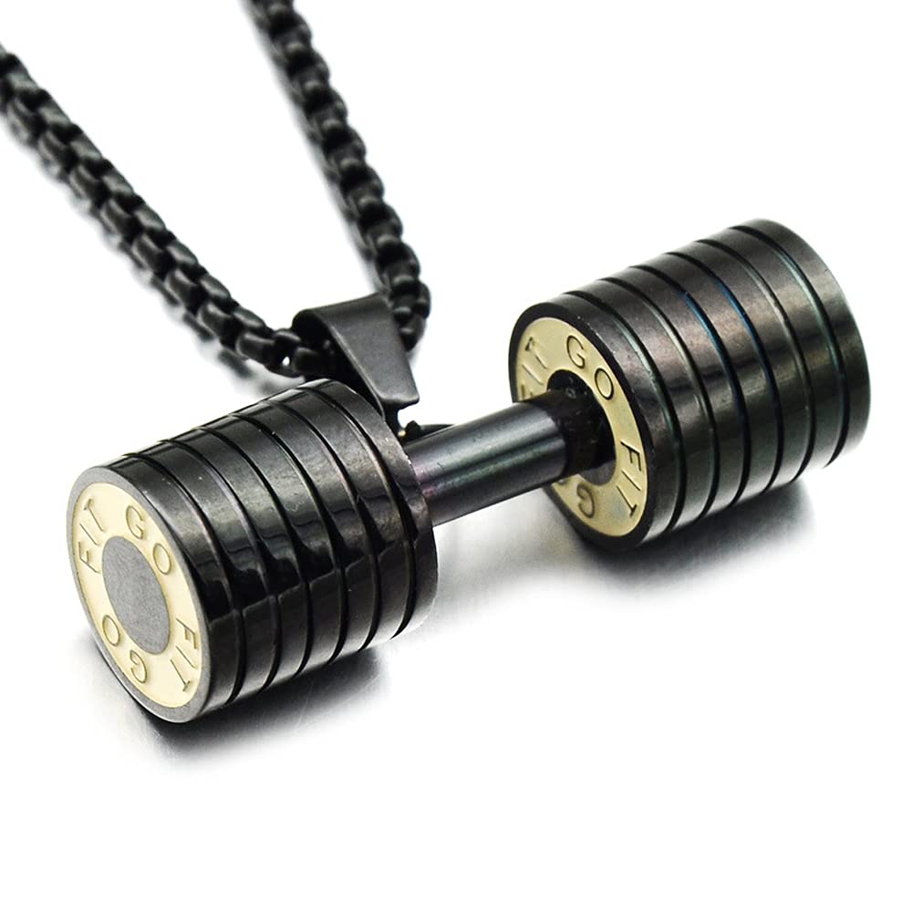 JemantDumbbell Necklace For Men Women Charm Stainless Steel Weight Lifting Necklace Chain Non Tarnish Waterproof Hypoallergenic Jewelry For Father Bro Him Fitness Enthusiast Coach Athletes (Black)